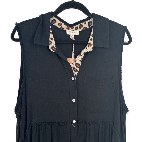 Umgee Leopard Trim Frayed Edges Sleeveless Tunic Top Black Size Medium NWT - Picture 4 of 9